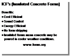 Text Box: ICFs (Insulated Concrete Forms)
 
Benefits:
 Cost Efficient
 Sound Control
 Energy Efficient
 No form stripping
 Insulated forms mean concrete may be poured in cooler weather conditions.
 
www.forms.org

